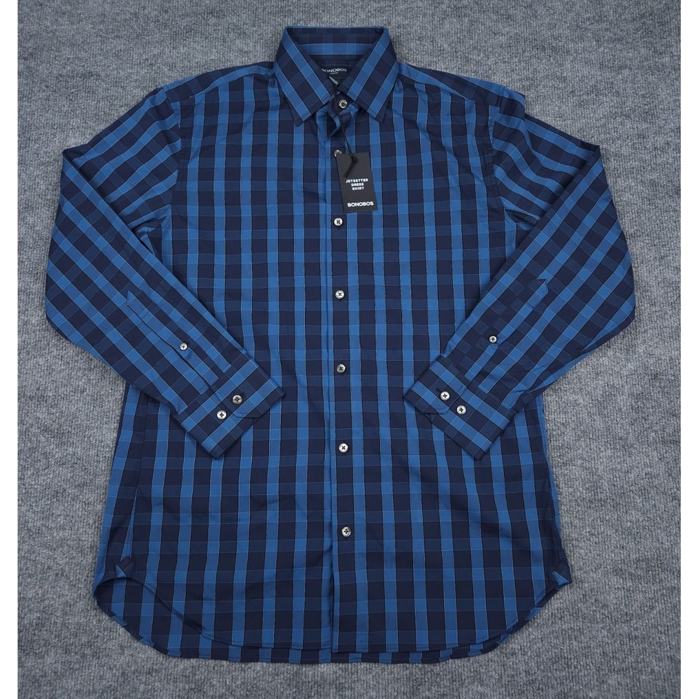 Bonobos Jetsetter Dress Shirt Men's 16 / 33 SLIM Fit Check Stretch Blue NWT